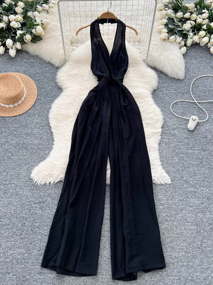 

Ele Hanging Ne-Piece Pants Women's Sexy Bal Wide Leg Slimming Drapey Long Pants Summer Faion Trend