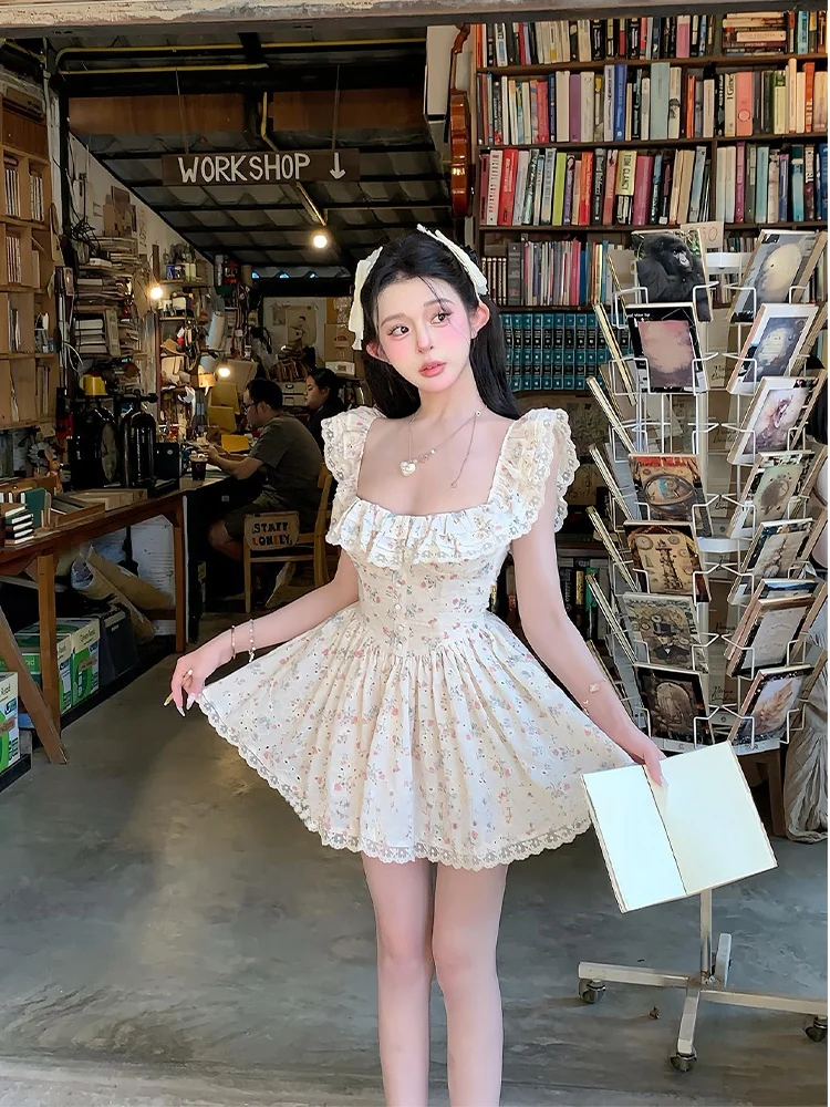 

Sweet Lace Floral Print Dress Women's Pure Desire Waist Cinching A-Line Skirt Short Sleeve Commute Style Korean Version
