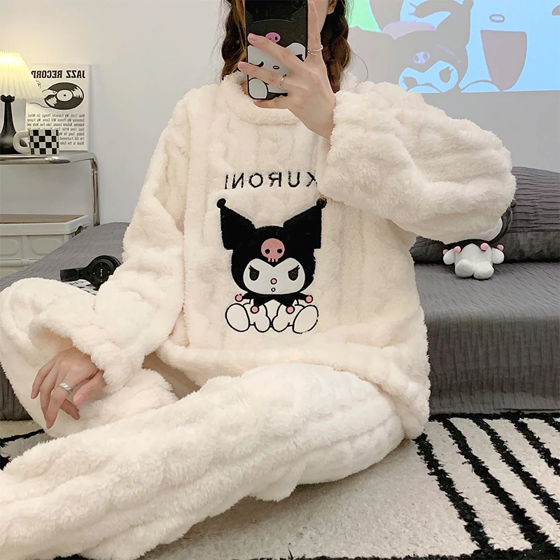 Sanrios Kuromi Hello Kitty My Melody Autumn Winter Cartoon Coral Velvet Pajamas Lapel Cardigan Flannel Thickened Home Clothes