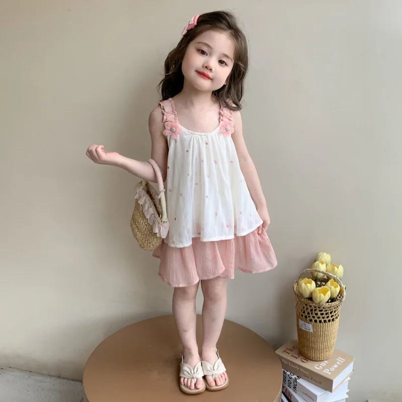 Girls' Summer Suit 2025 New Foreign Style Korean Version Children's Sling Vest Skirt Two-piece Set Fashion Casual
