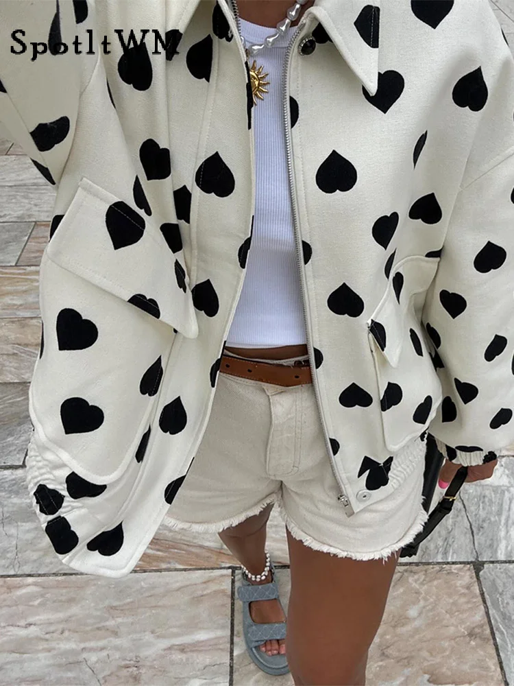 

Black Polka Hearts Print Lapel Women Bomber Jacket Casual Chic Long Sleeve Pocket Zipper Coat 2024 Autumn New Female Streetwear