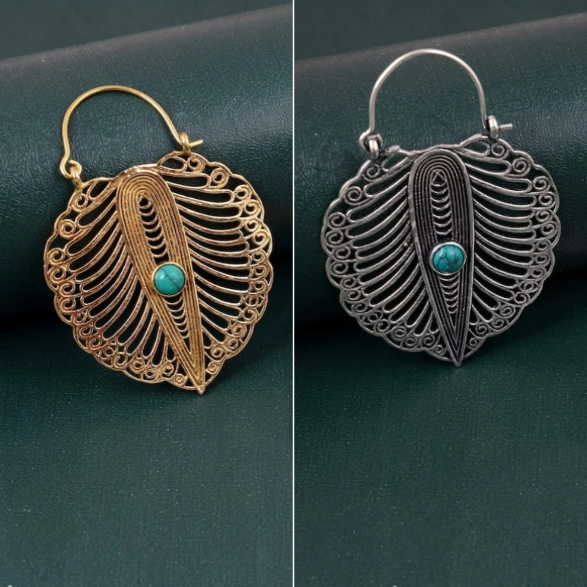 Vintage Hand Carved Hollow Inlaid Synthetic Turquoise Leaf Shaped Dangle Earrings for Women Fashion Vacation Jewelry Accessories