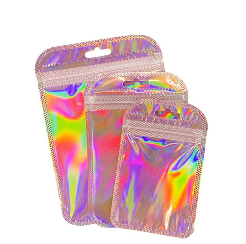 50pc ZipLock Plastic Bag Pouch Holographic Small Packaging Sachet For Product Jewelry Accessories Business Food Storage Supplies