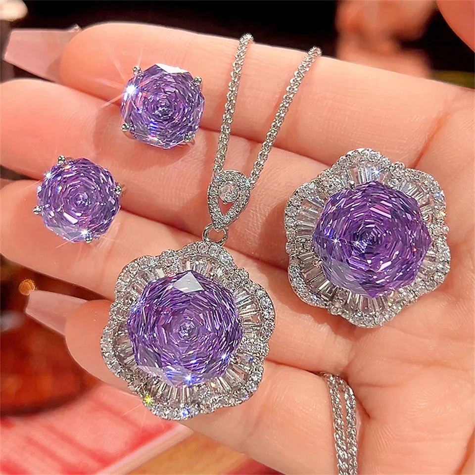 

Violet Light Luxury Jewelry Set For Women Diamond-encrusted Purple Gem Stainless Steel Jewelry Ring Necklace Earring Jewelry Set