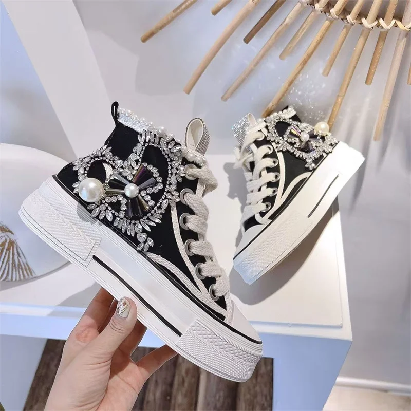 Diamond-encrusted beaded crystal lace-up canvas shoes Handmade custom banquet party high-top sports women's shoes 35-39