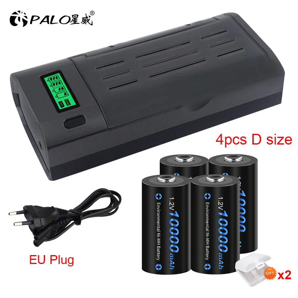 1.2V LR20 D Size Rechargeable Battery 10000mAh NIMH  Type D cell R20 Batteries +LCD Smart Charger For Gas Stove Water Heater