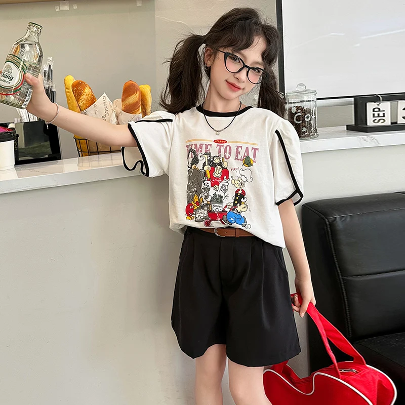 

teenage girls summer clothes sets cartoon T-shirt+shorts 2pcs 4-14 kids short suit children clothing outifds fille ensembles