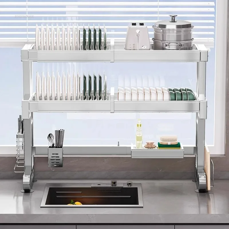 

Durable Modern Kitchen Sink Rack 304 Stainless Steel Dish Holder Multi-functional Storage Shelf Drain Organizer Cupboard u