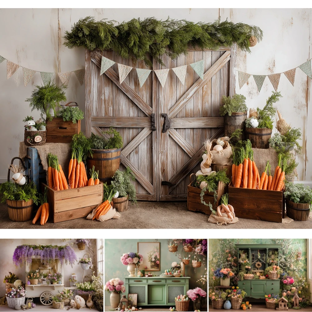 

Spring Easter Carrots Stores Backgrounds Kids Baby Child Adult Photocall Decors Bunny Eggs Cupboards Backdrops Photography Props
