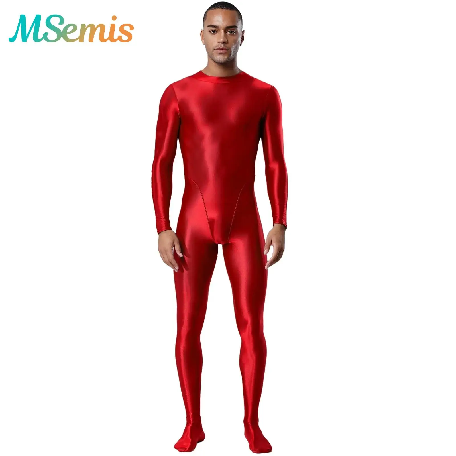 

Mens Oil Glossy Footed One Piece Jumpsuit Lingerie See Through Full Body Bodysuit Mock Neck Long Sleeve Rave Clubwear Nightwear