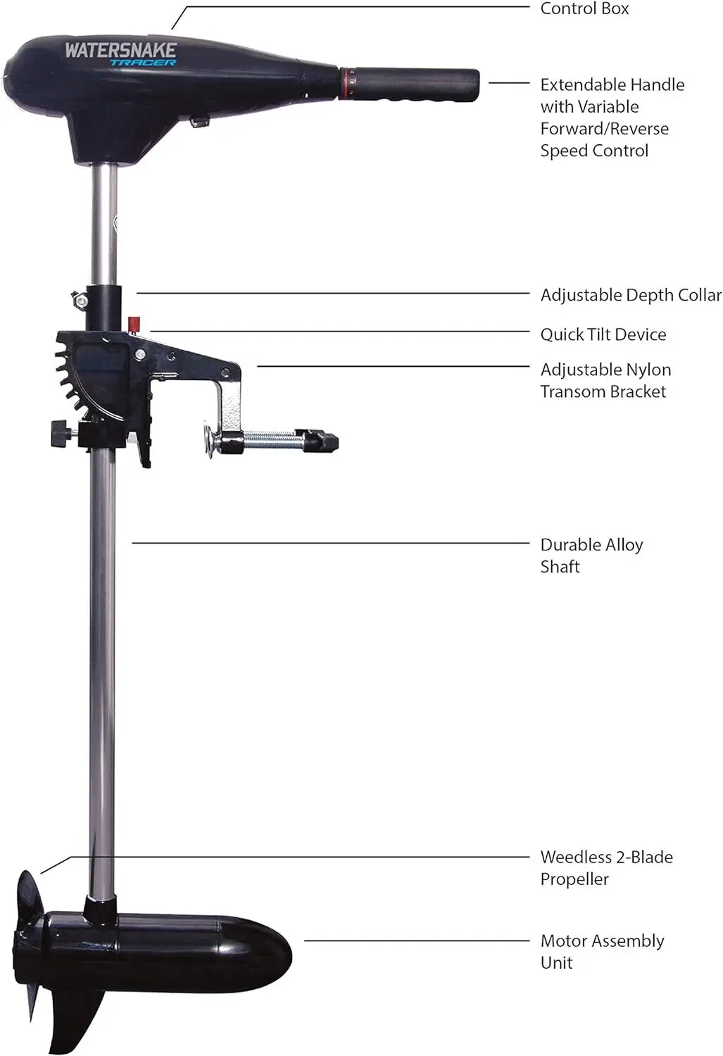 Watersnake Tracer Transom Mount Trolling Freshwater Motor (54-Pound Thrust, 42-Inch Shaft, 12-Volt)