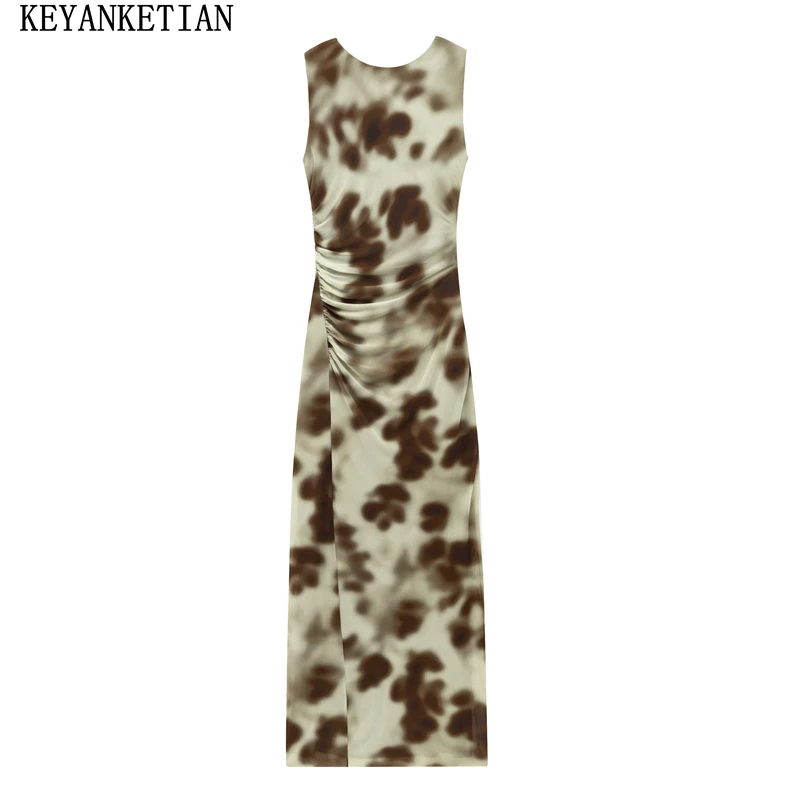 

KEYANKETIAN Summer New Women's Print Mesh MIDI Dresses Fashion Sexy Irregular Backless Design Sheath Sleeveless Long Dress