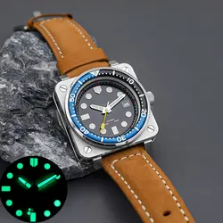 Men‘s Watch Square With Seiko NH35 NH36 Automatic Movement  C3 Luminous 10ATM Waterproof Crazy horse leather strap 316L Stainle