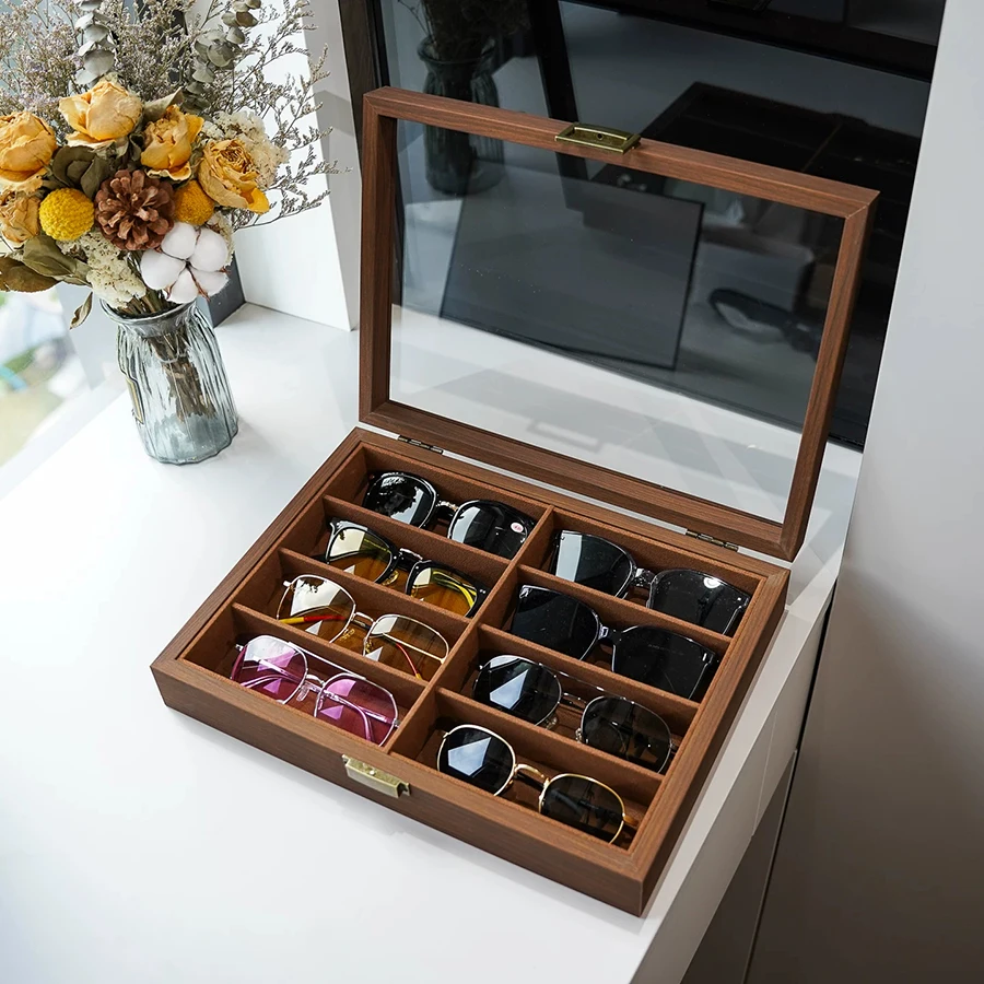 

8-Grid Walnut Grain Glasses Storage Box Multifunctional Sunglasses Display Box with Lid Eyewear Case