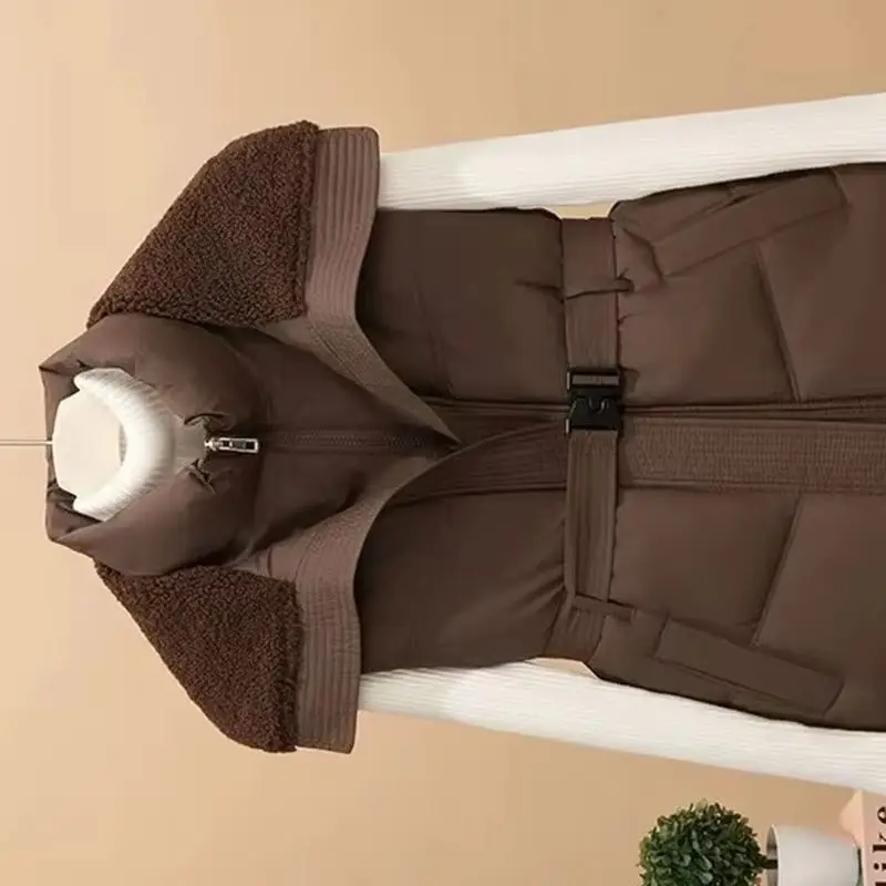 Korean Style Down Cotton Vest New 2026 Women's Autumn Winter Splicing Lamb Wool Together Sleeveless Coat Parka Cotton Vest Clip