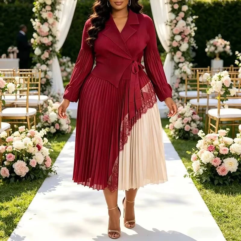 ANLAN Colorblock Pleated Women's Dress Fashion Loose Fit Elegant Notched Long Sleeve Lace Up Design Famale Clothing 7AN6102