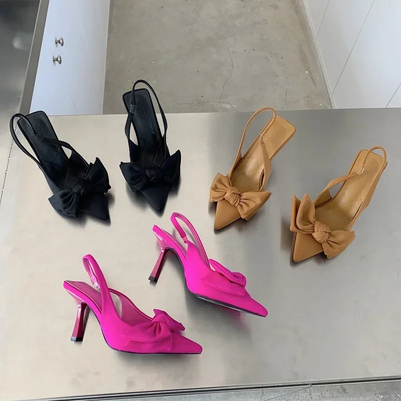 2024 Summer Brand Women Slingback Sandals Shoes Fashion Bow-knot Pointed Toe Slip on Ladies Elegant Dress Pumps Shoes