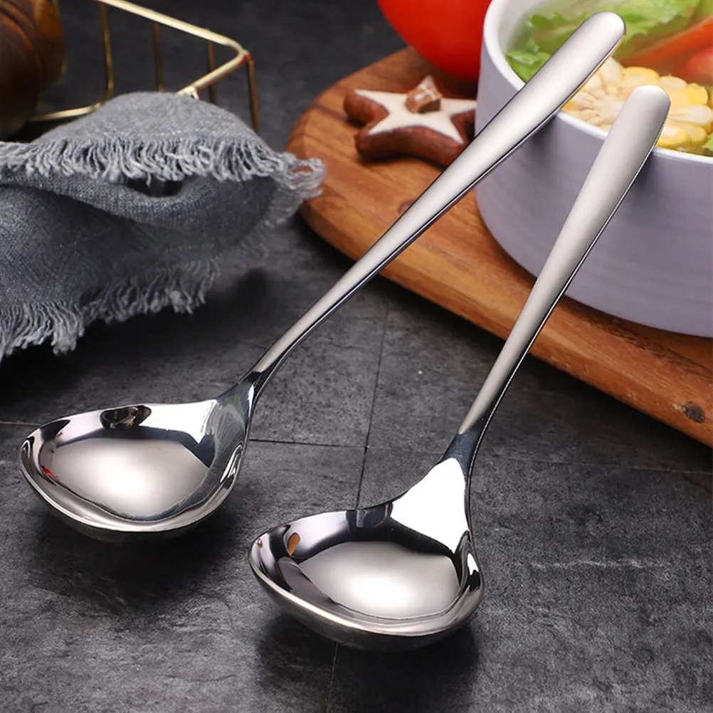 2Pcs Stainless Steel Thickened Head Soup Spoon Heavy Duty Kitchen Serving Ladle for Hot Pot Sauce Broth Ramen Stews Buffet