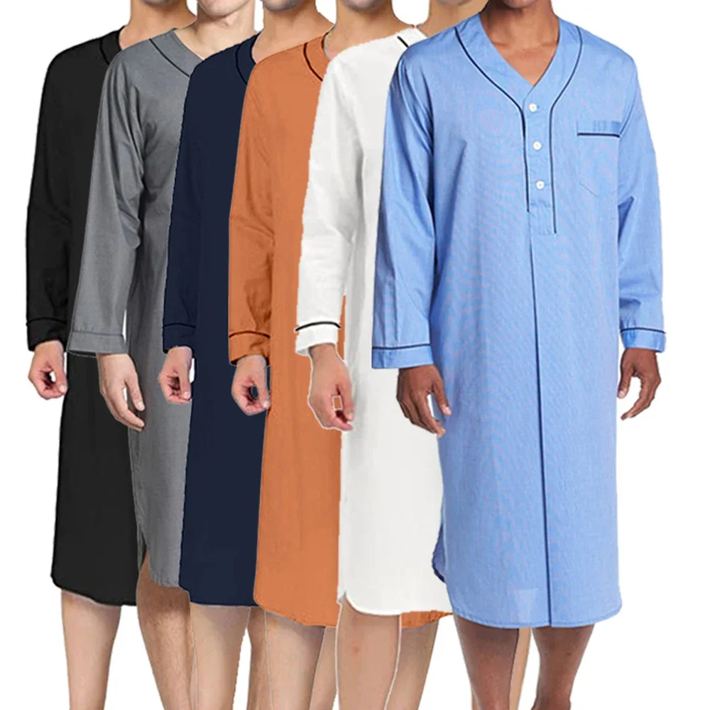 Men Loose Homewear Pajamas Nightgown Home Clothes Men\'s Long-sleeved V-neck Mid-length Sleep Robes Male Bathrobes Dressing Gown