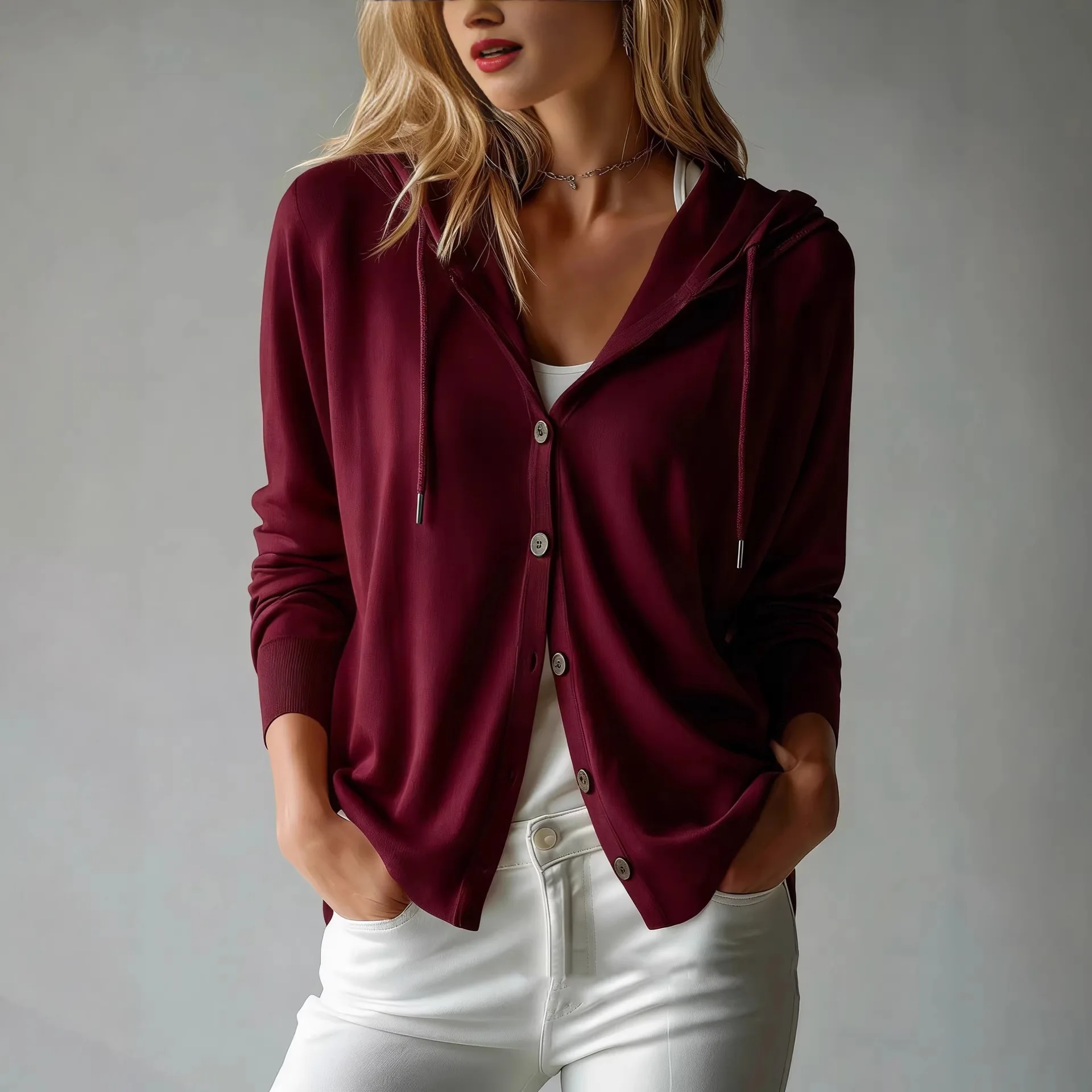 Women's Drawstring Hooded Single Breasted Button Long Sleeve Knit Cardigan Comfortable Versatile Casual Commuter Female Sweater