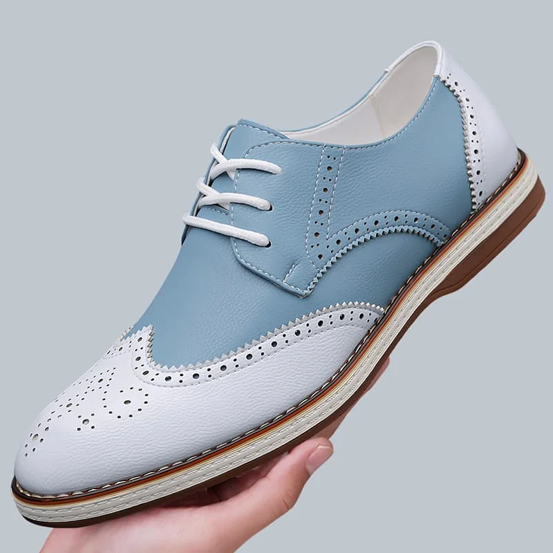 Mens White Blue Two Tone Brogue Oxford Shoes Lace Up Casual Dress Shoes Wingtip Breathable Lightweight Loafers Large Size：38-48
