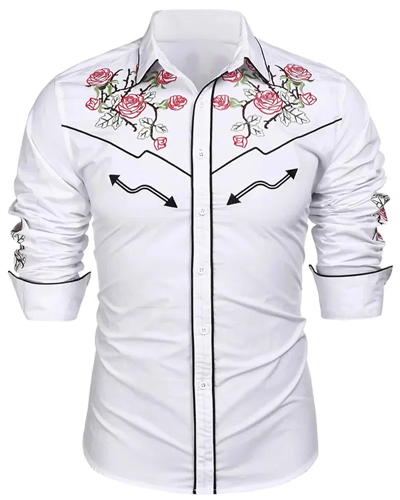 2023 New Men\'s Shirt Western Shirt Floral Print Lapel Street Long Sleeve Button Clothing Fashion Street Designer Western Style