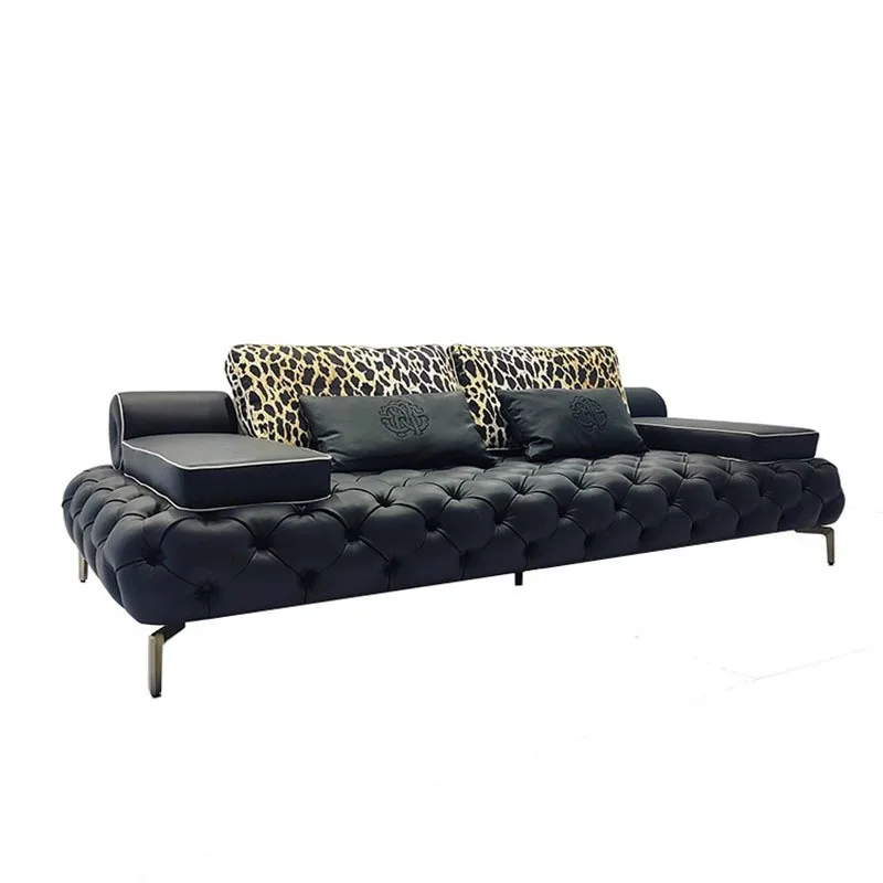 Light luxury buckle sofa modern simple villa large flat floor straight row three-person sofa