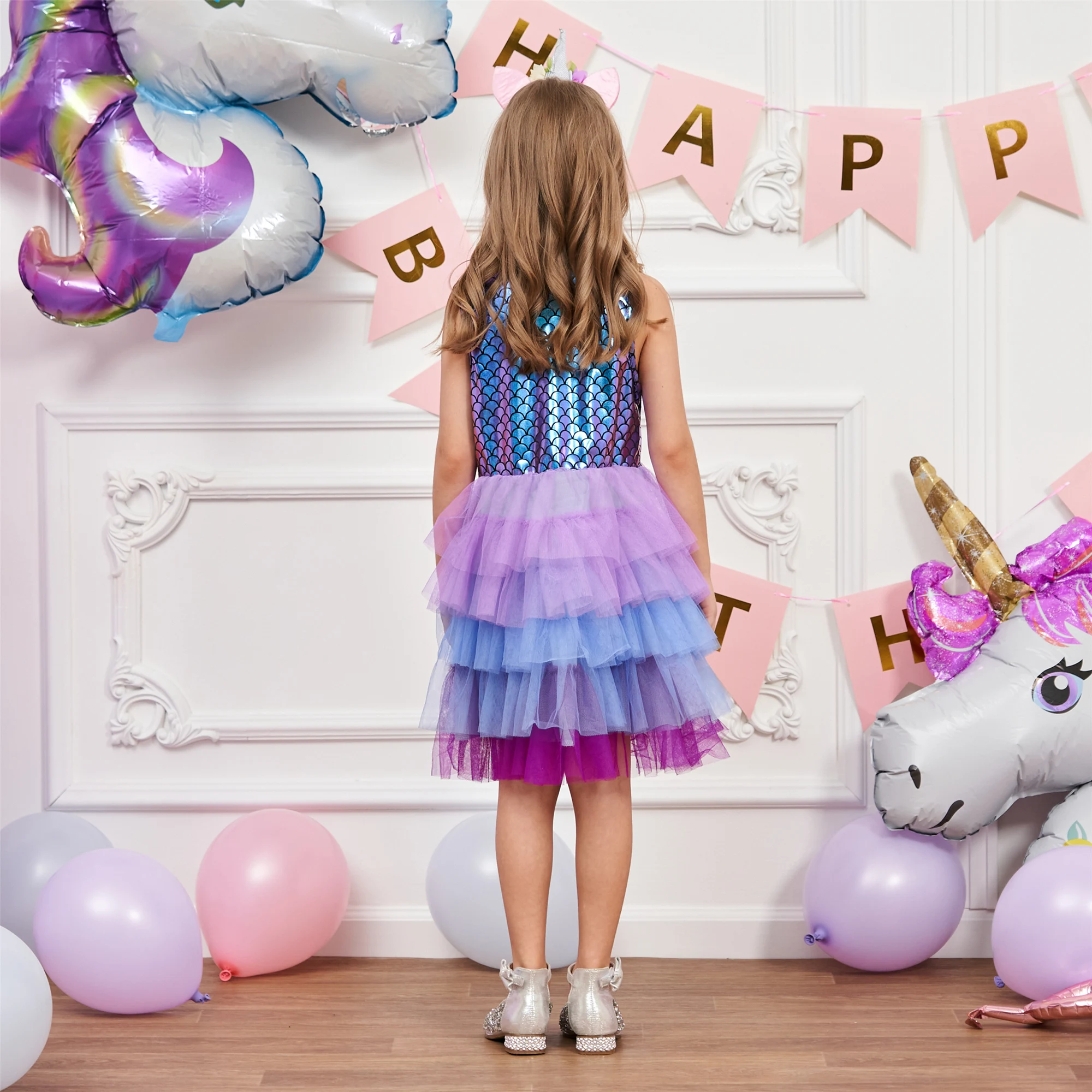 Sleeveless cotton mesh patchwork dress, unicorn embroidered cartoon pattern, birthday party dress, girl's birthday gift