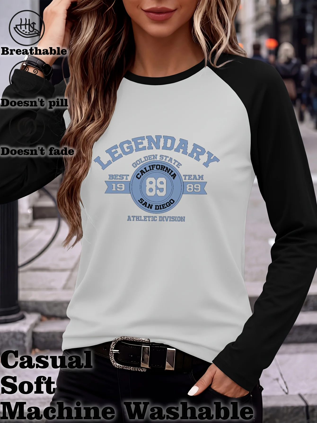 Women's Raglan Long Sleeve T-Shirt Legendary California 89 Varsity Vintage Print Loose Tops Casual Graphic T Shirt Clothes Femme