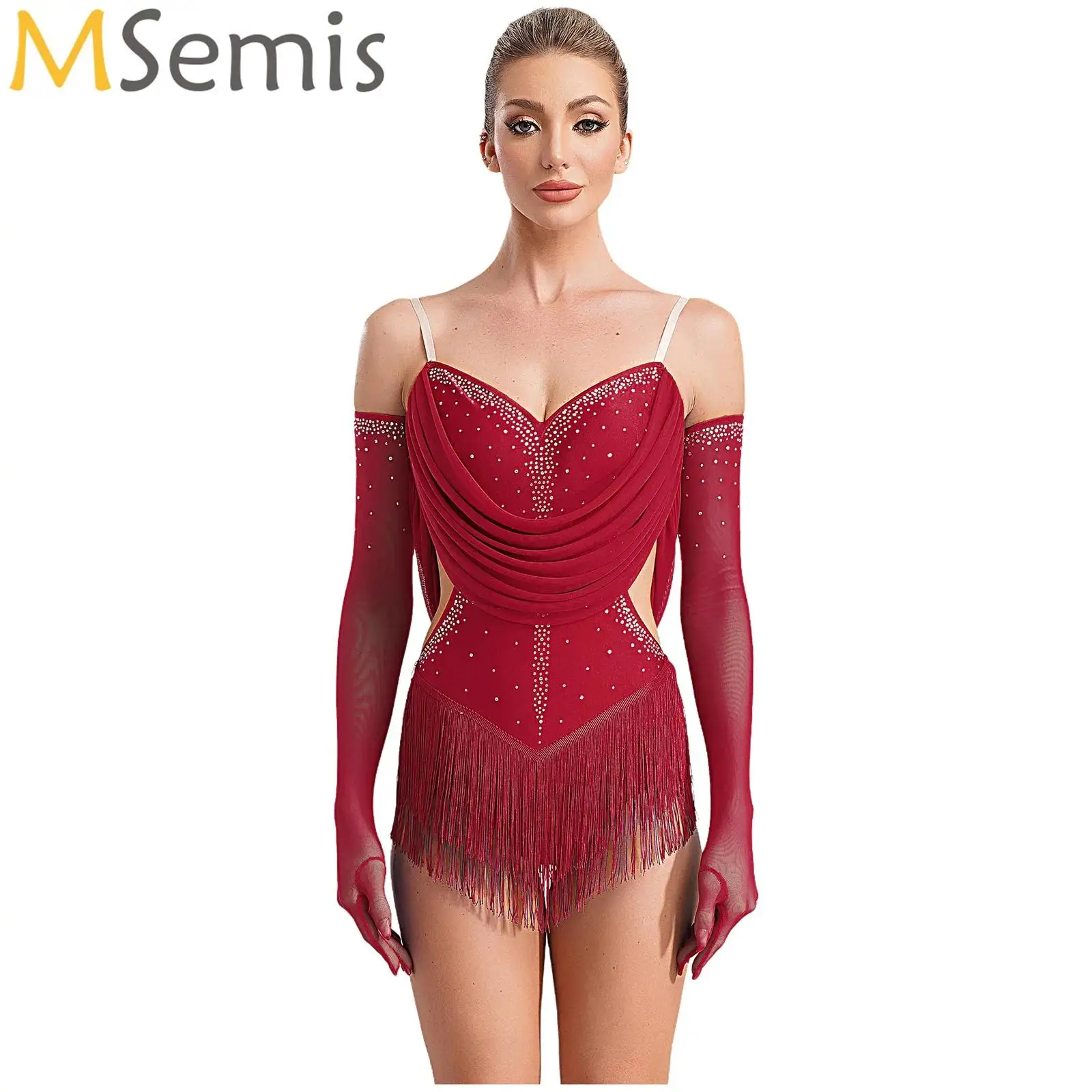 

Women Ruched Mesh Tassel Latin Dance Leotard Glittery Rhinestones Cutout Fringed Bodysuit with Gloves Stage Performance Costume