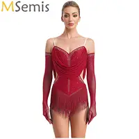 Leotardo de baile latino con borlas de malla fruncida para mujer, traje recortado con diamantes de imitación brillantes y flecos con guantes, disfraz de escenario actuación