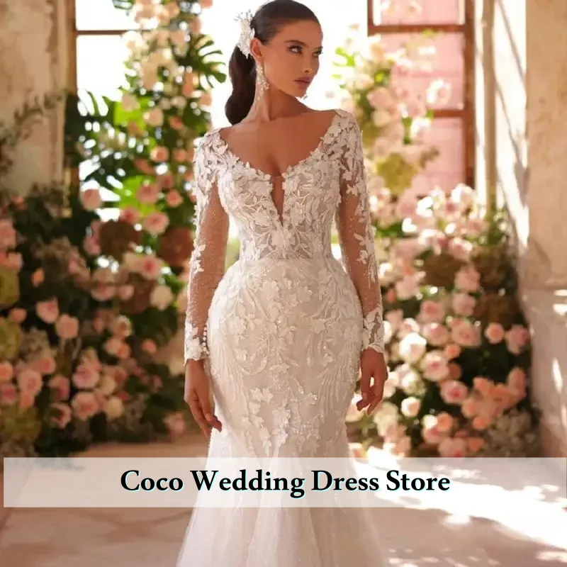 Angepasst Luxus spitze Brautkleid Meerjungfrau U-ausschnitt Volle Ärmel Mit Zurück applique Tüll Braut Kleider Vestidos De Novia