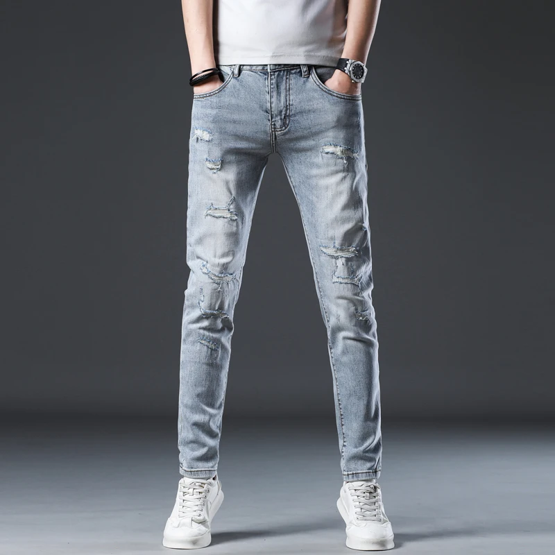 Moto & Biker Jeans Men Hip Hop Stretch Jeans Ripped Skinny Fit Destroyed Light Blue Denim Pants Streetwear Men's Trousers Homme