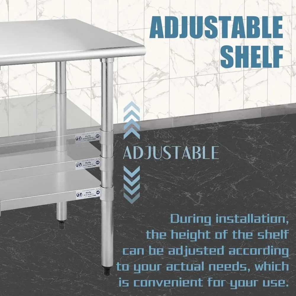 Mesa de acero para Preparación y trabajo, mesa de servicio pesado comercial NSF con estantería y patas galvanizadas para restaurante, 30x60 pulgadas