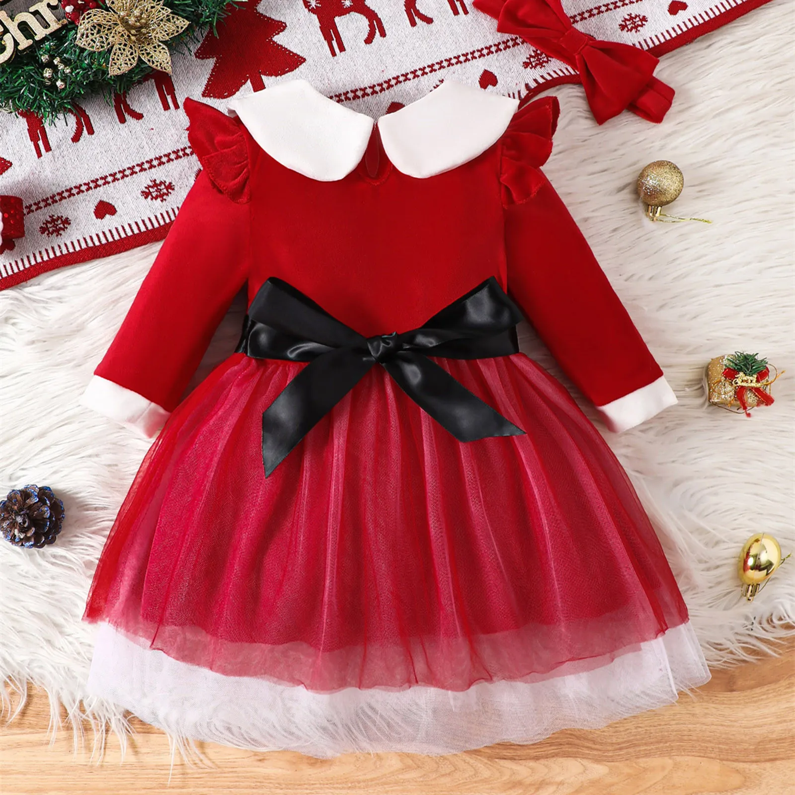 Baby Girls Christmas Dress Santa Claus Fluffy Red Long Sleeve Kids Santa Cosplay Xmas Costume Holiday Party Performace Outfits