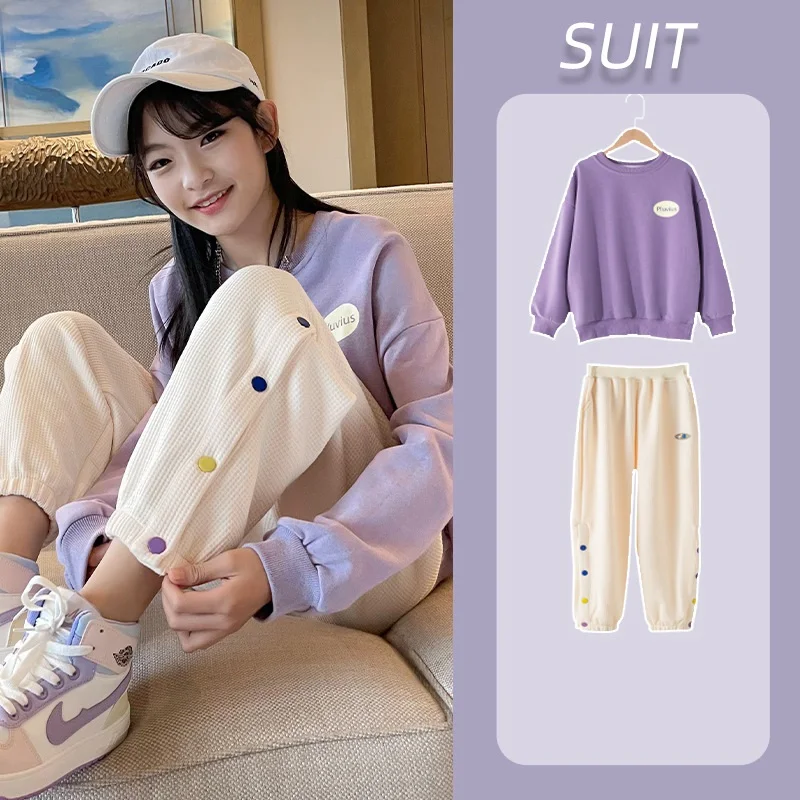 

Contrast Girls Sweatshirt+Waffle Sweatpant Sets School Kids Tracksuit Students Jogger Suit Children 2 Pieces Outfits 5-16 Years