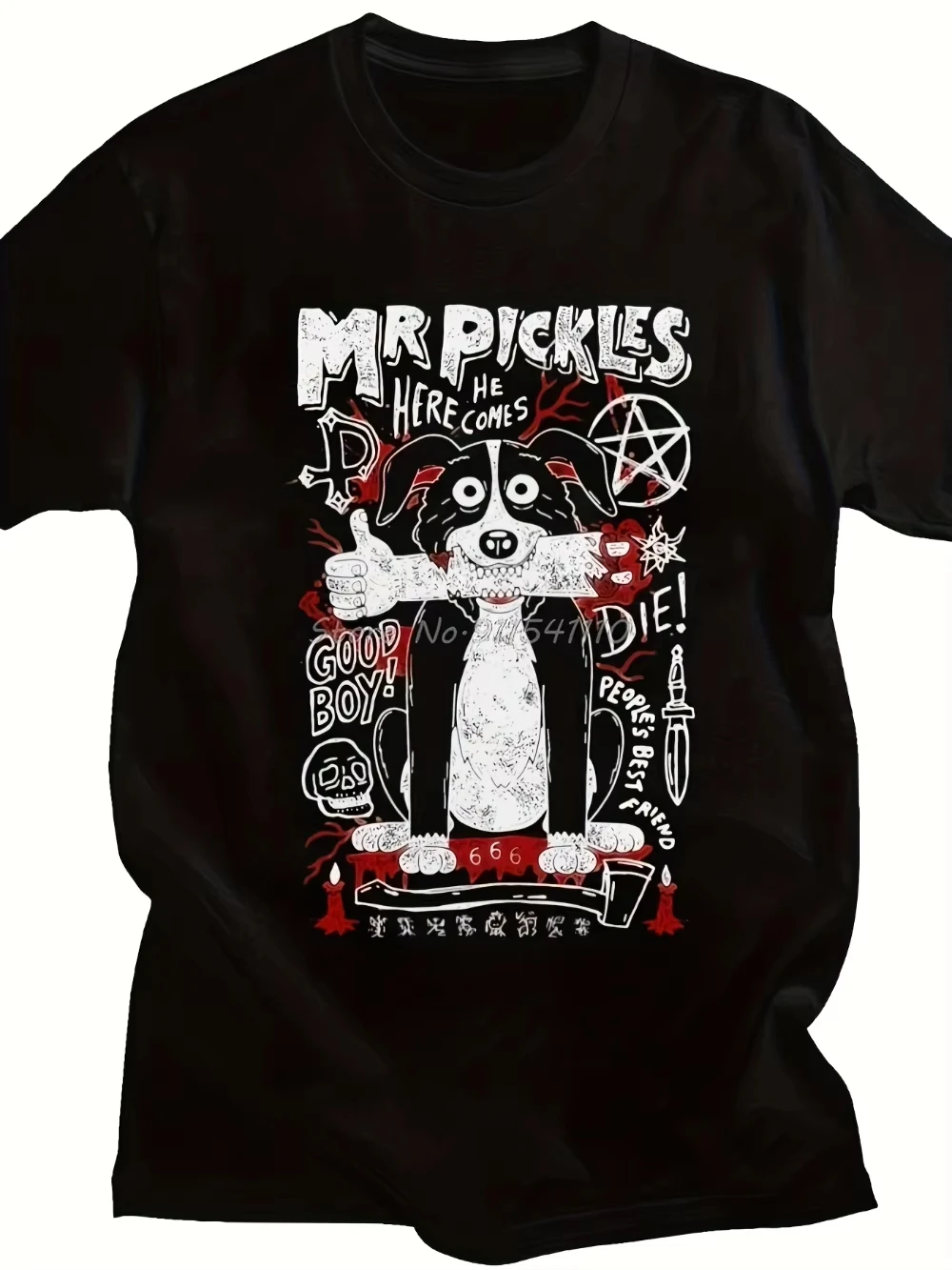 Mr. Pickles Camiseta gráfica Shetland Sheepdog para hombre, camiseta informal negra de manga corta con Mr. Pickles Here Comes The Dirt! Imprimir