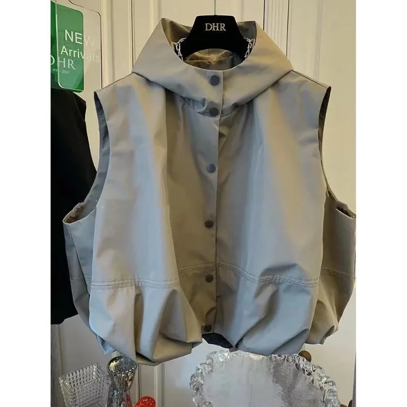 

New Spring and Autumn Thin Double Pocket Casual Versatile Work Sleeveless Hooded Sweatshirt Vest