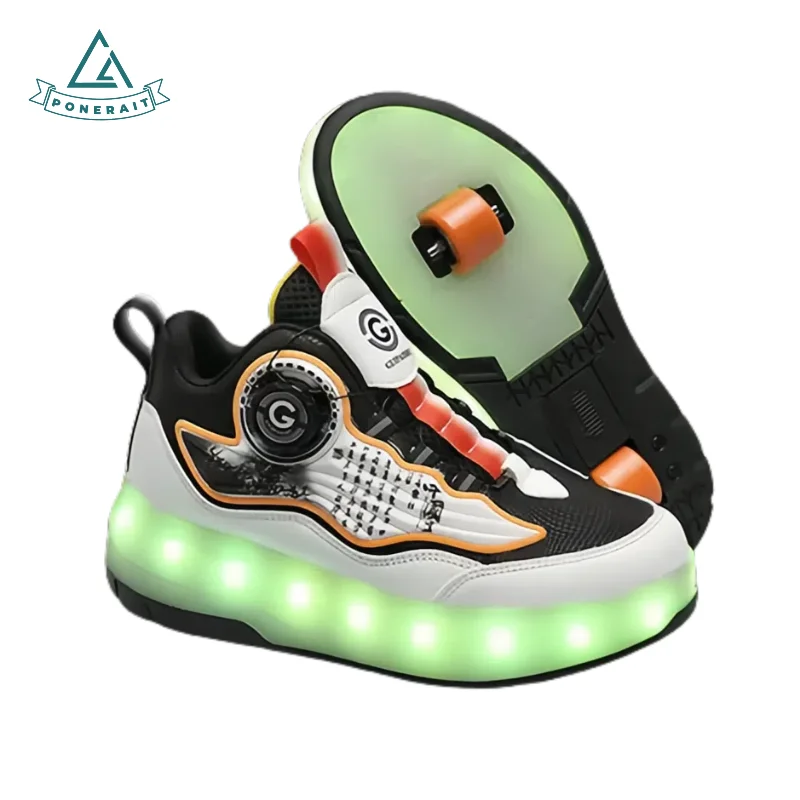 

PONERAIT Light Up Skates Unisex Inline Dual Wheels - LED Light Up Sole Roller Shoes with Leather Upper Rotating Buckle Teen Gift
