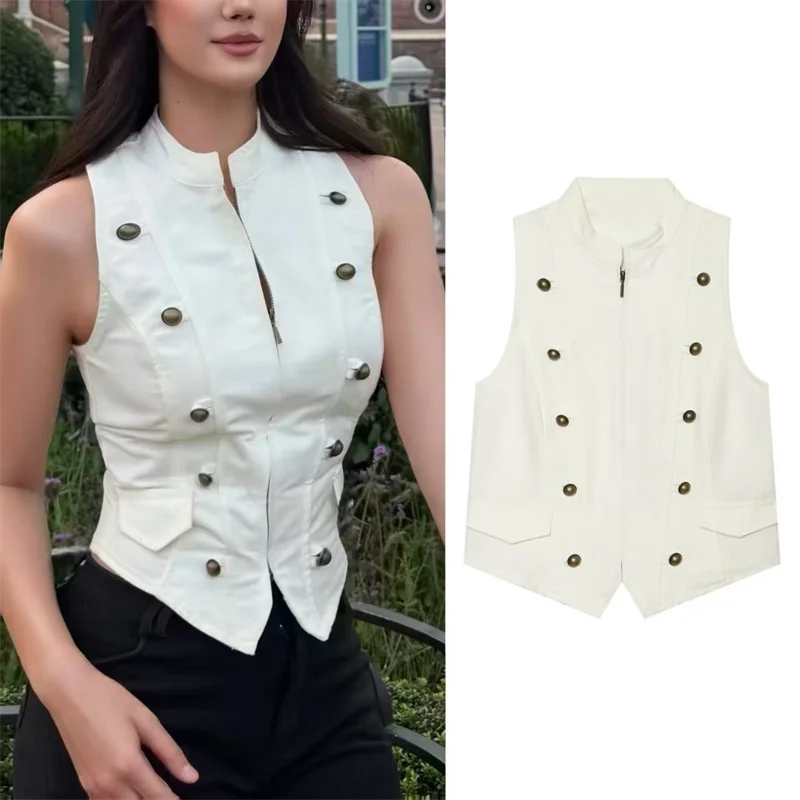 ZHIO Women's Jacket 2026 Summer New White Sleeveless Button-Decorated Slim Vest Stylish and Trendy