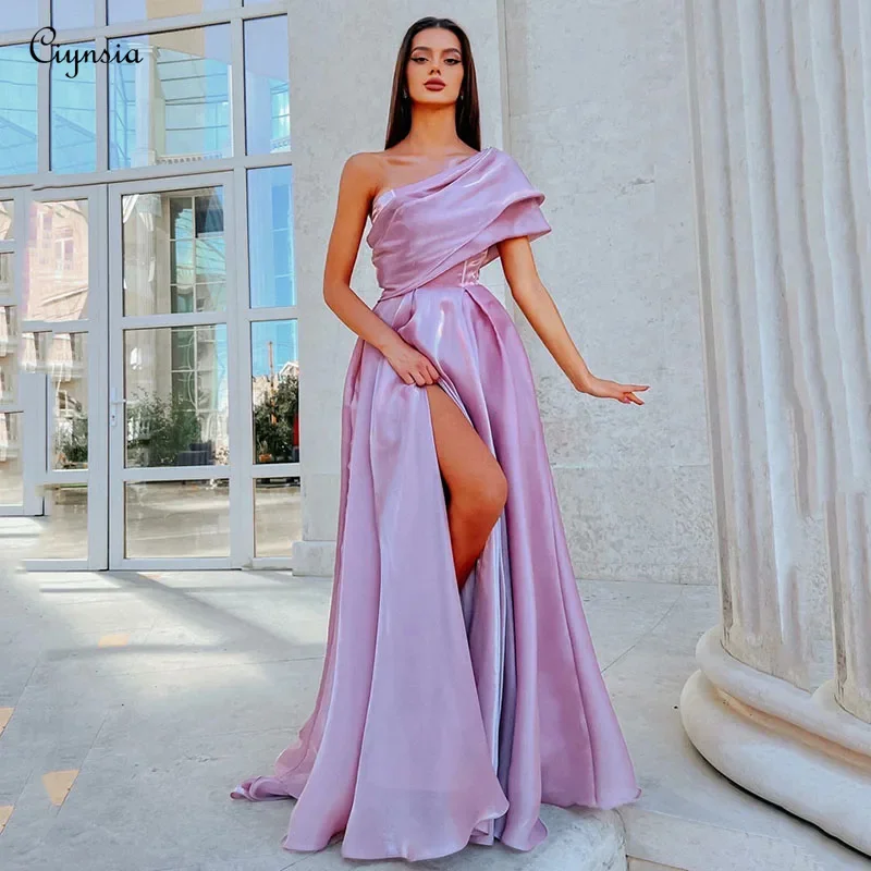 

Ciynsia A-Line One Shoulder Lilac Prom Dresses Long Sexy Evening Party Dress Side Split Organza Pleats Corset Evening Gowns 2024