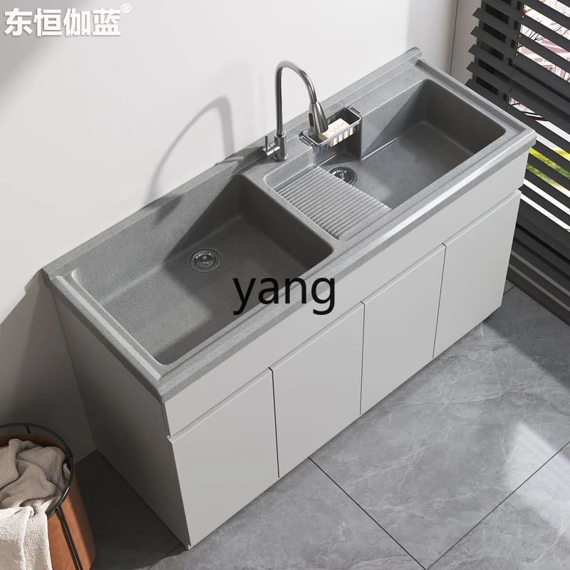 

LTT Laundry Sink Double Pool Basin Artificial Quartz Stone Integrated Laundry Desk Balcony Cabinet