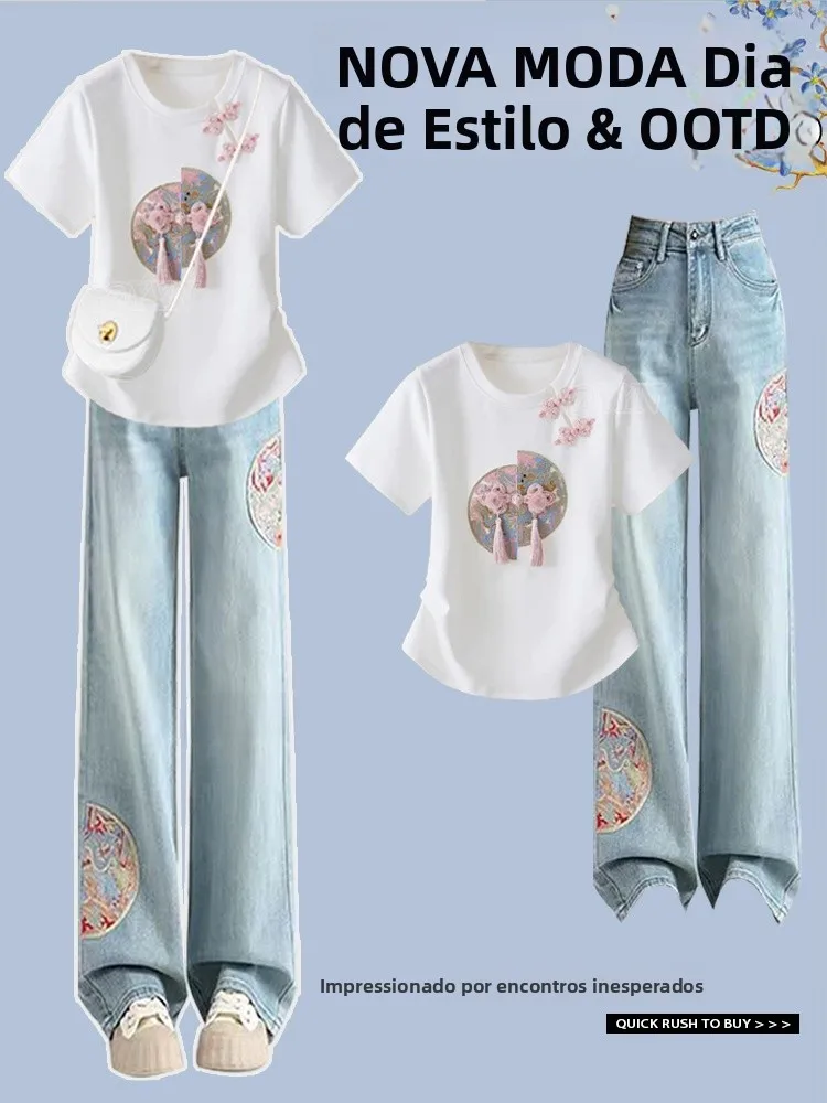 Chinese Style Slim Fit Short Sleeve T-Shirt Women's Summer 2026 New Design Straight Leg Jeans Match Casual Comfortable Cotton