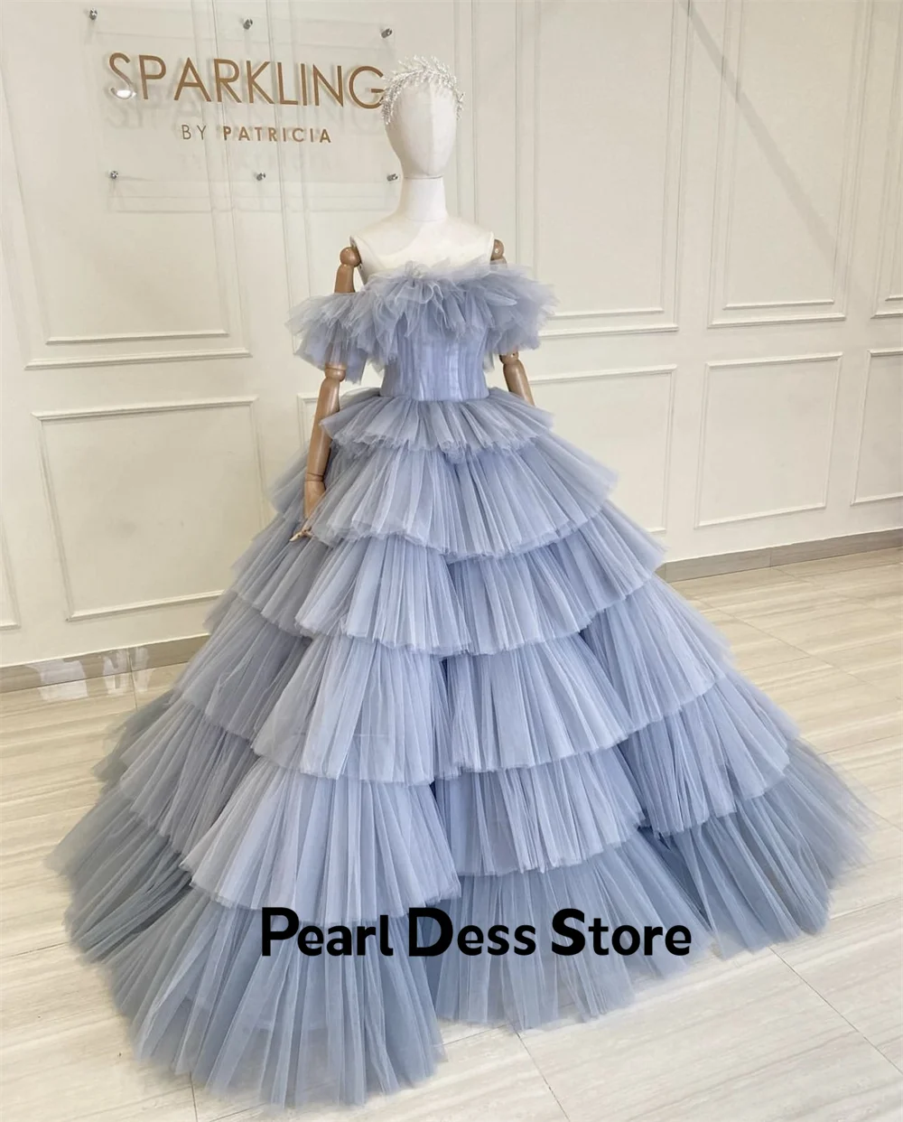 Exquisite and Gorgeous Tulle Prom Dress with a Bra Top and Grey Blue Evening Dress Vestidos De Noche Layered Cake Skirt