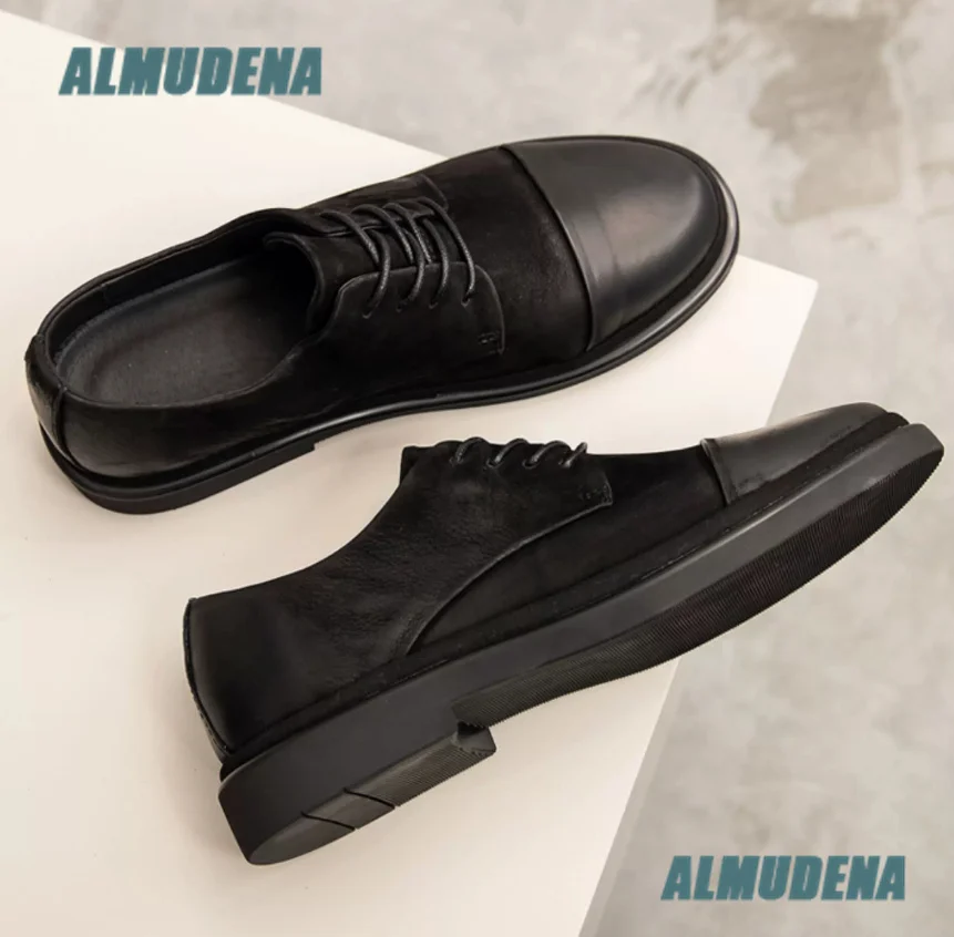 Men Patchwork Leather Suede Derby Shoes Lace Up Thick Flat Sole Business Oxford Shoes Trendy Luxury Designer Autumn Men's Shoes