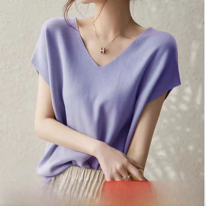 Verano fino hielo seda v-ne ort Sve prendas de punto suelta Batwing Sve Top mujer Faionable versátil camiseta suelta