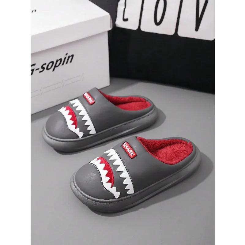 2026Warm Platform Slippers Men PU EVA Memory Foam Soft Shark Cute Design Comfortable Non Slip House Shoes High Quality