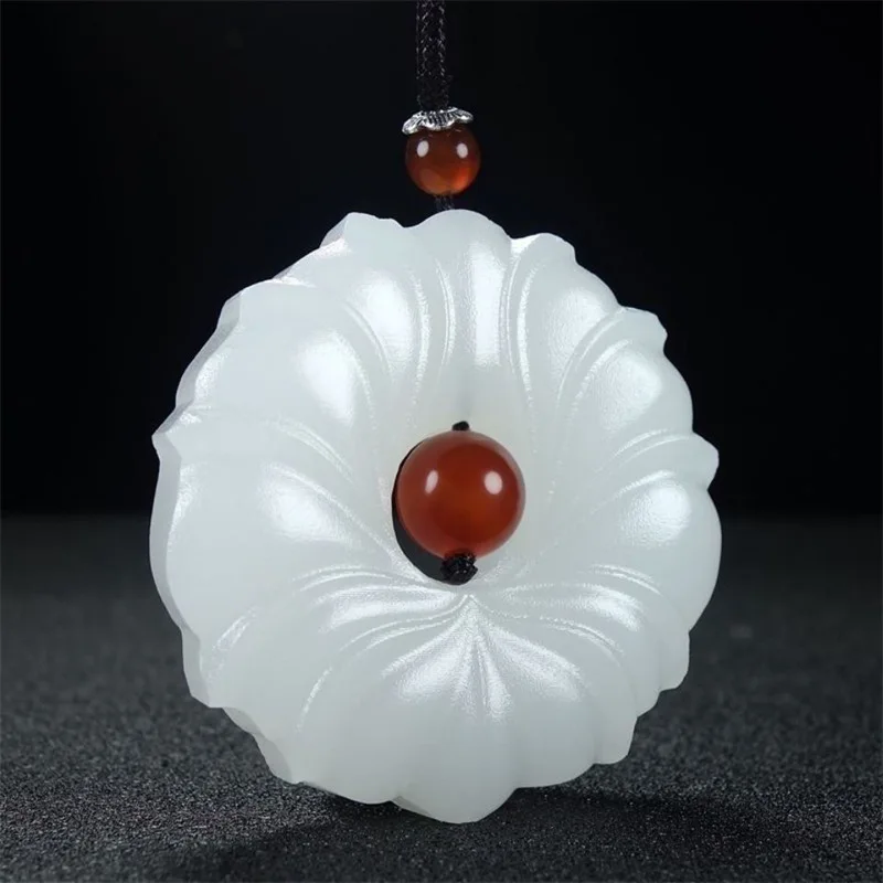 Natural White Jade Lotus Pendant Round Snow Lotus Necklace Hand-carved Men's and Women's Fashion Charm Jewelry