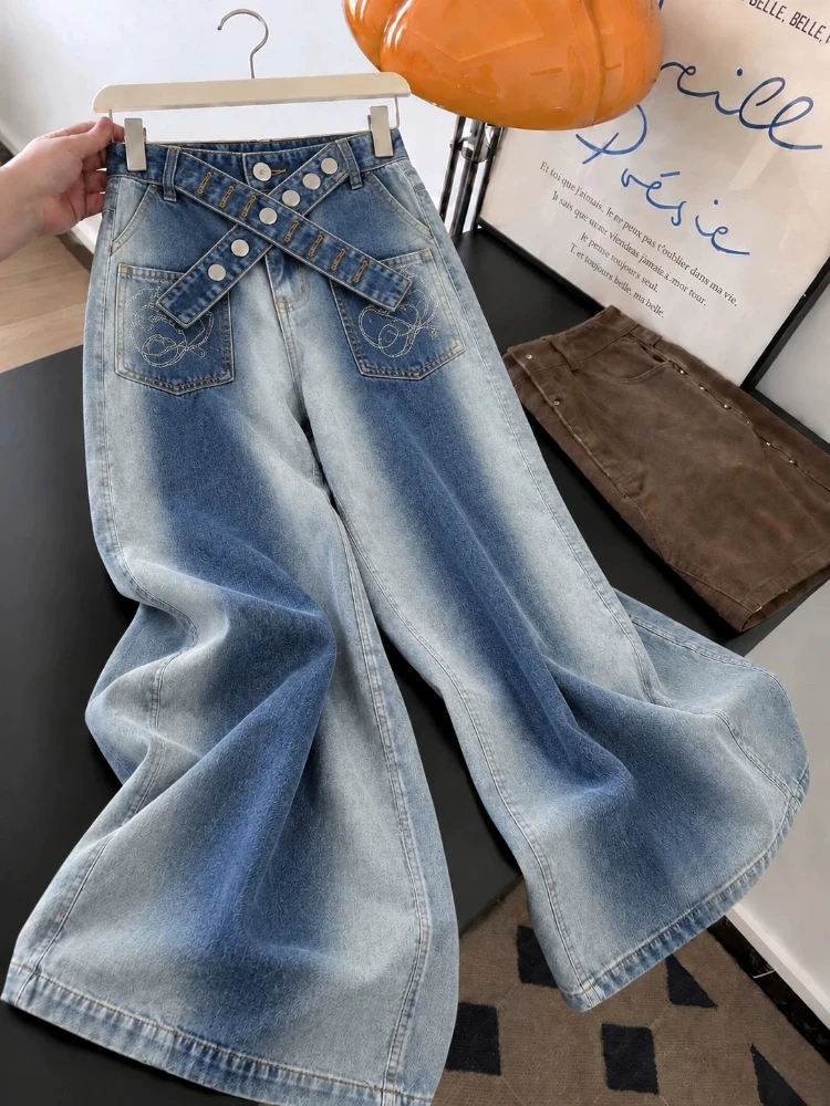 Gradient Jeans Women Wash Wide Leg Cross Multi Button Belt Designer Loose Drape Slimming High Waist Long Elegant Chic Trousers