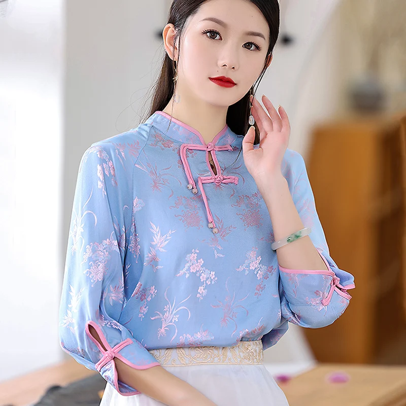 

2022 Summer New Sky Blue Retro Jacquard Chinese Style Tassel Button-Up Top Elegant Three Quarter Sleeve Women's Shirt S-XXL